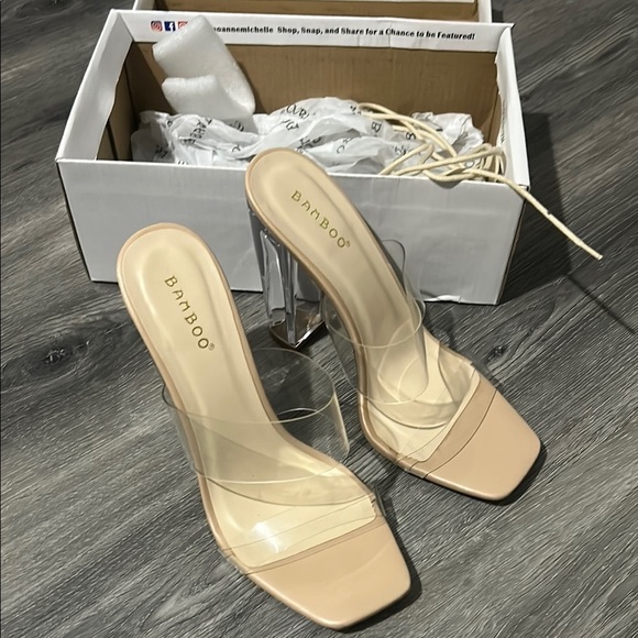 BAMBOO Tan Cream Heels with Clear Straps - Picture 1 of 4